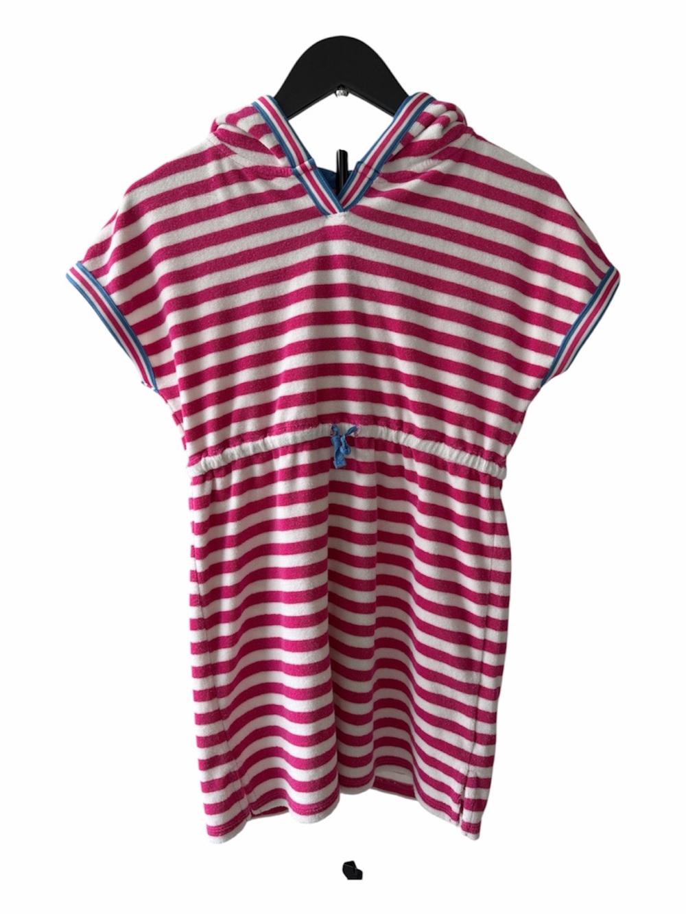 Mini Boden Girl’s Pink & White Striped Terry Toweling Hooded Swim Cover-Up Dress